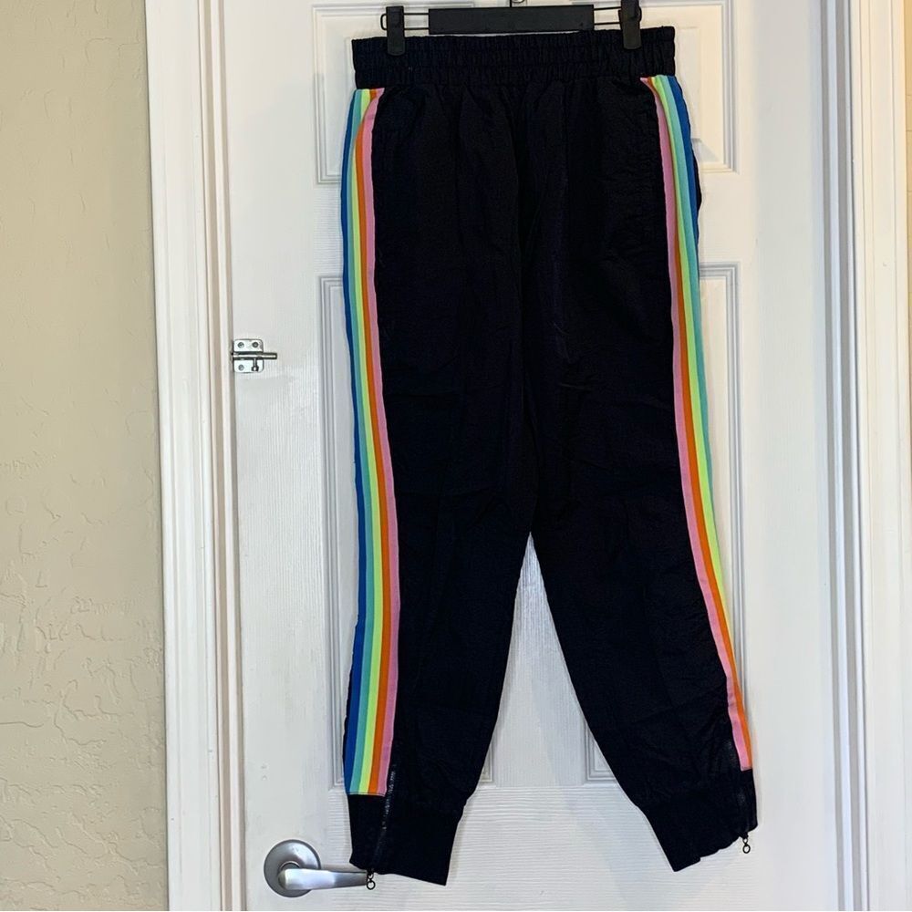 Fabletics Carol Woven Pants Black Rainbow Side Stripe Ankle Zip Size Medium